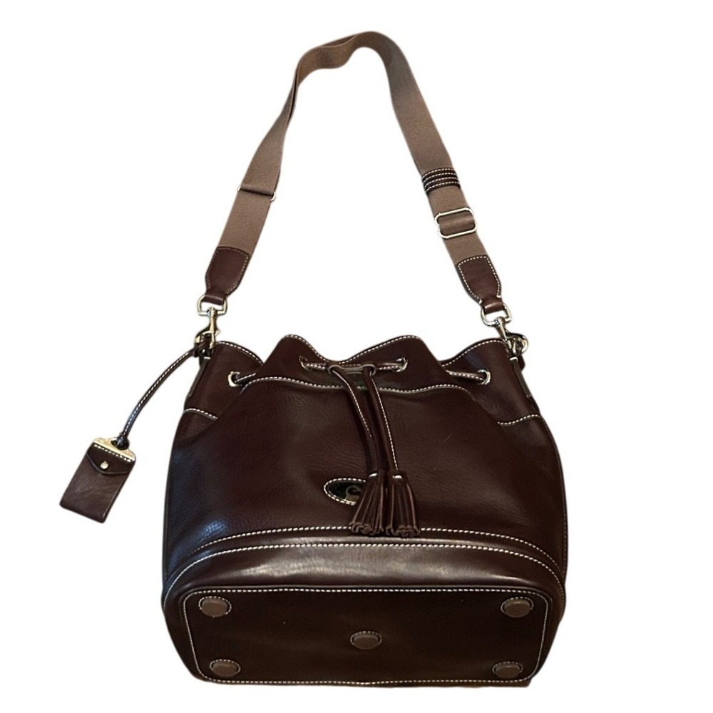 Dooney & Bourke Bucket Bag Dark Brown Leather Tassel Drawstring Classic Preppy - Picture 2 of 11
